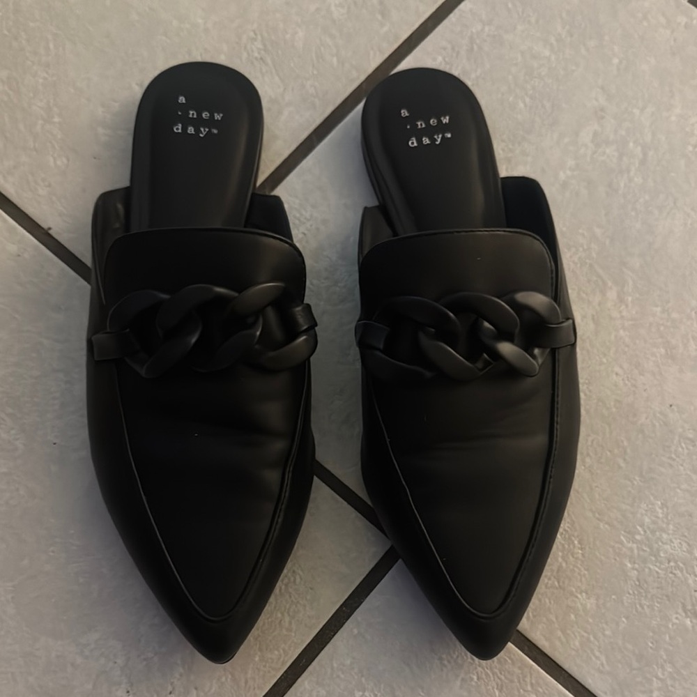 A New Day Black Mules with Chunky Chain Decoration and Pointed Toe
